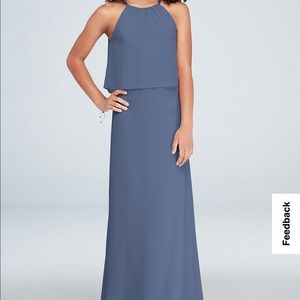 David’s Bridal FLOUNCED CRINKLE CHIFFON JUNIOR BRIDESMAID DRESS, STEEL BLUE.